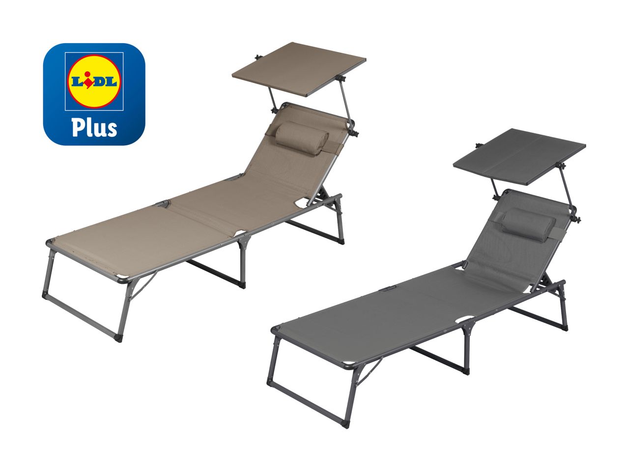 Zwei faltbare Liegestühle von Lidl mit integriertem Sonnenschutz.