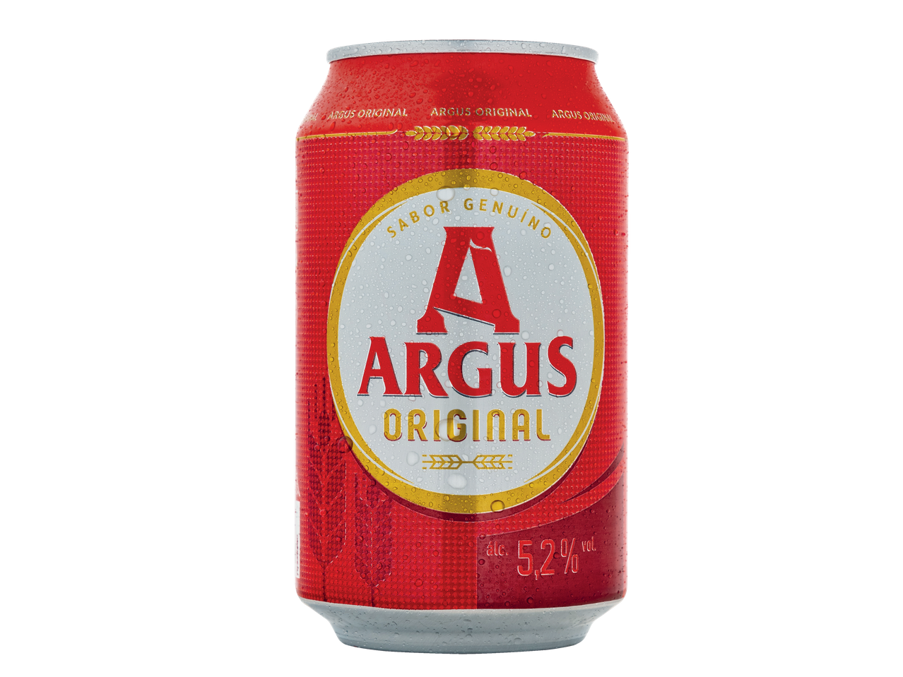 Lata de cerveja Argus Original vermelha com gotas de água, 5,2% vol.