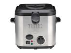 Silver deep fryer with black lid, handles, and control panel showing temperature and time settings.