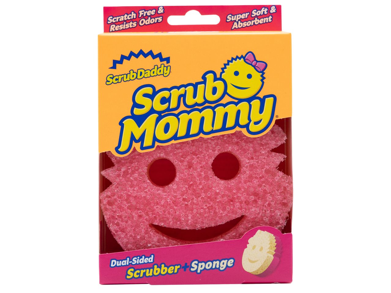 Розова гъба Scrub Mommy в опаковка.