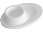 White plastic egg cup with a side tray, featuring the Fackelmann logo.