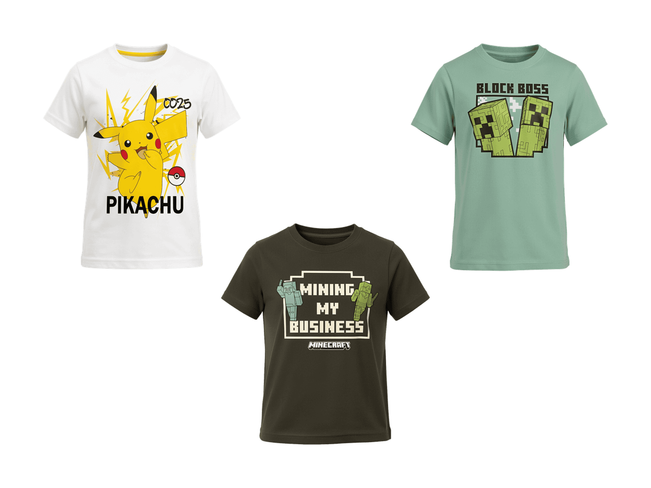 Trois t-shirts pour enfants : blanc avec Pikachu, vert olive avec motif Minecraft, vert clair avec Creeper.