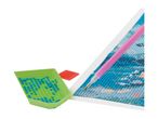 Diamond painting kit with a green tray of blue diamonds, a pink pen, and a red wax square.