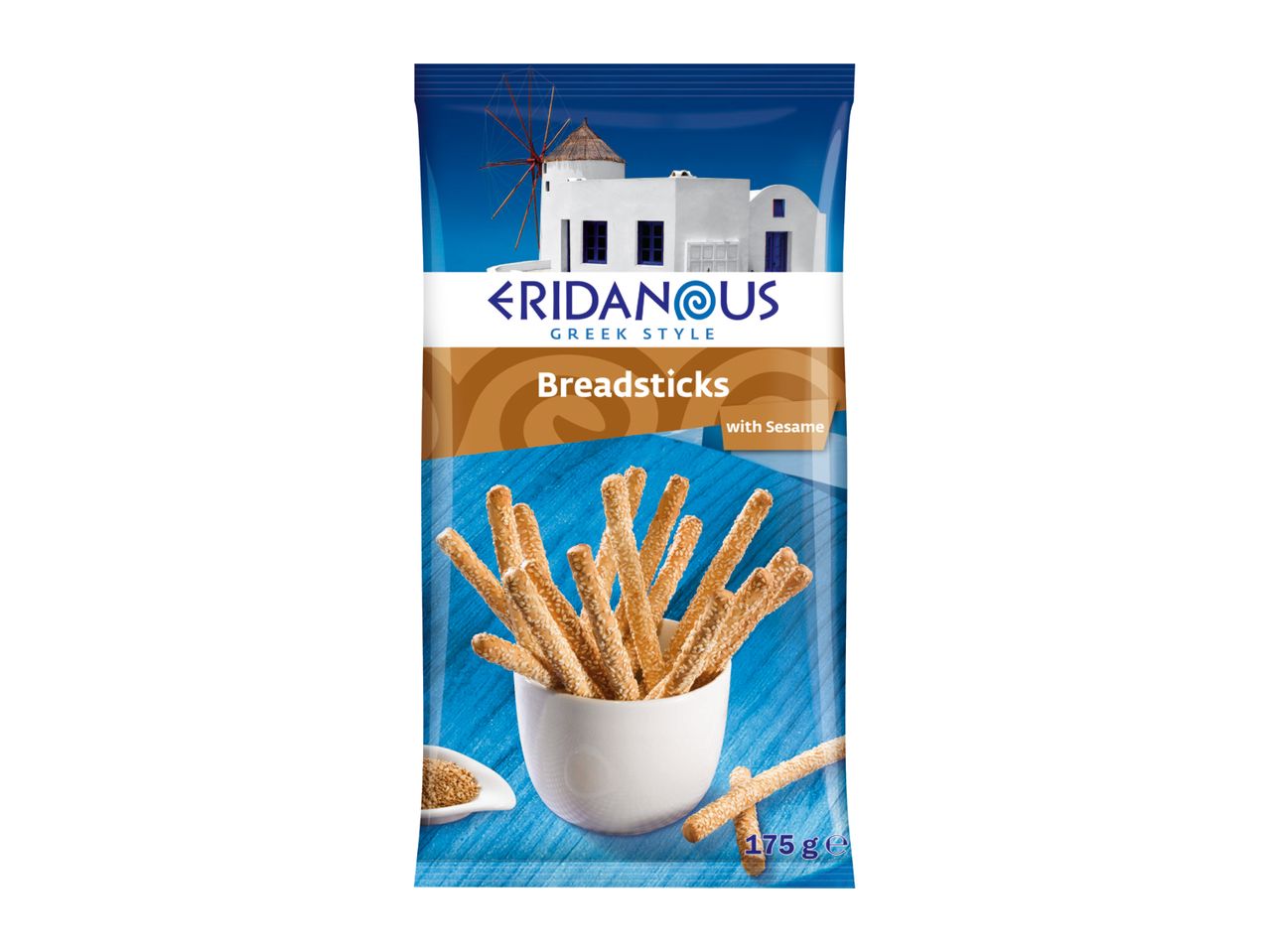 Greek style breadsticks with sesame in a white cup, against a blue background with a windmill.