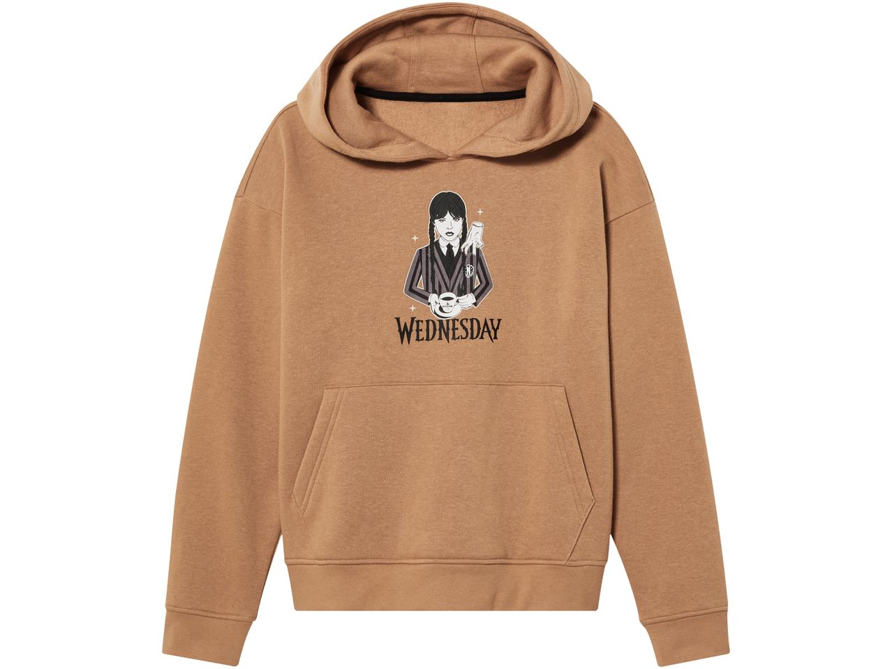Brown hoodie with a Wednesday Addams graphic holding a cup and Thing.