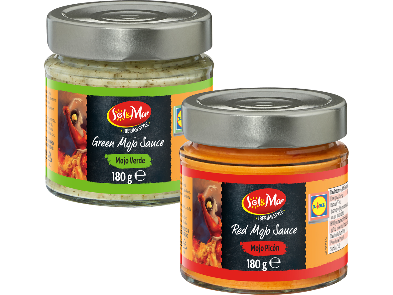 Två glasburkar med grön och röd mojo-sås, 180g vardera, med iberisk stil.