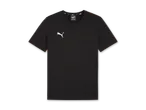 Schwarzes T-Shirt mit weißem Logo auf der Brust und weißen Nähten.