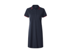 Dunkelblaues Polokleid mit kurzen Ärmeln und roten Streifen an Kragen und Ärmeln.