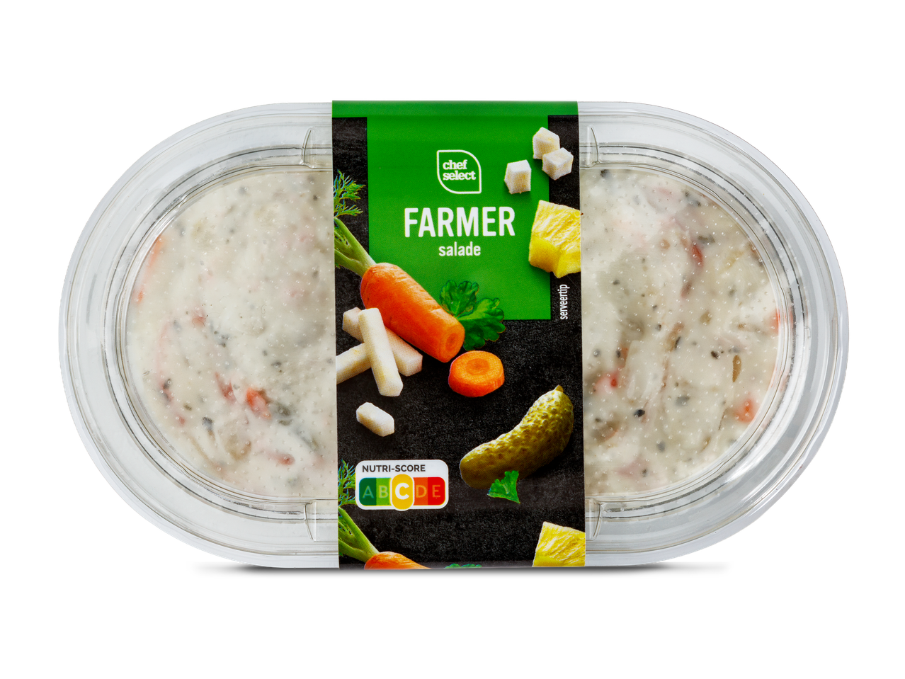 Een ovale plastic bak met boerensalade, met wortels, augurken en ananas op het etiket.