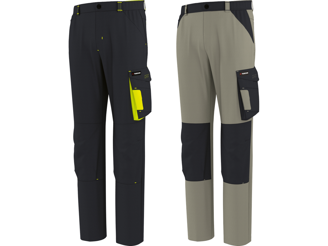 Två par arbetsbyxor, ett par i mörkgrått med neongula detaljer och ett par i beige med mörkgrå detaljer.