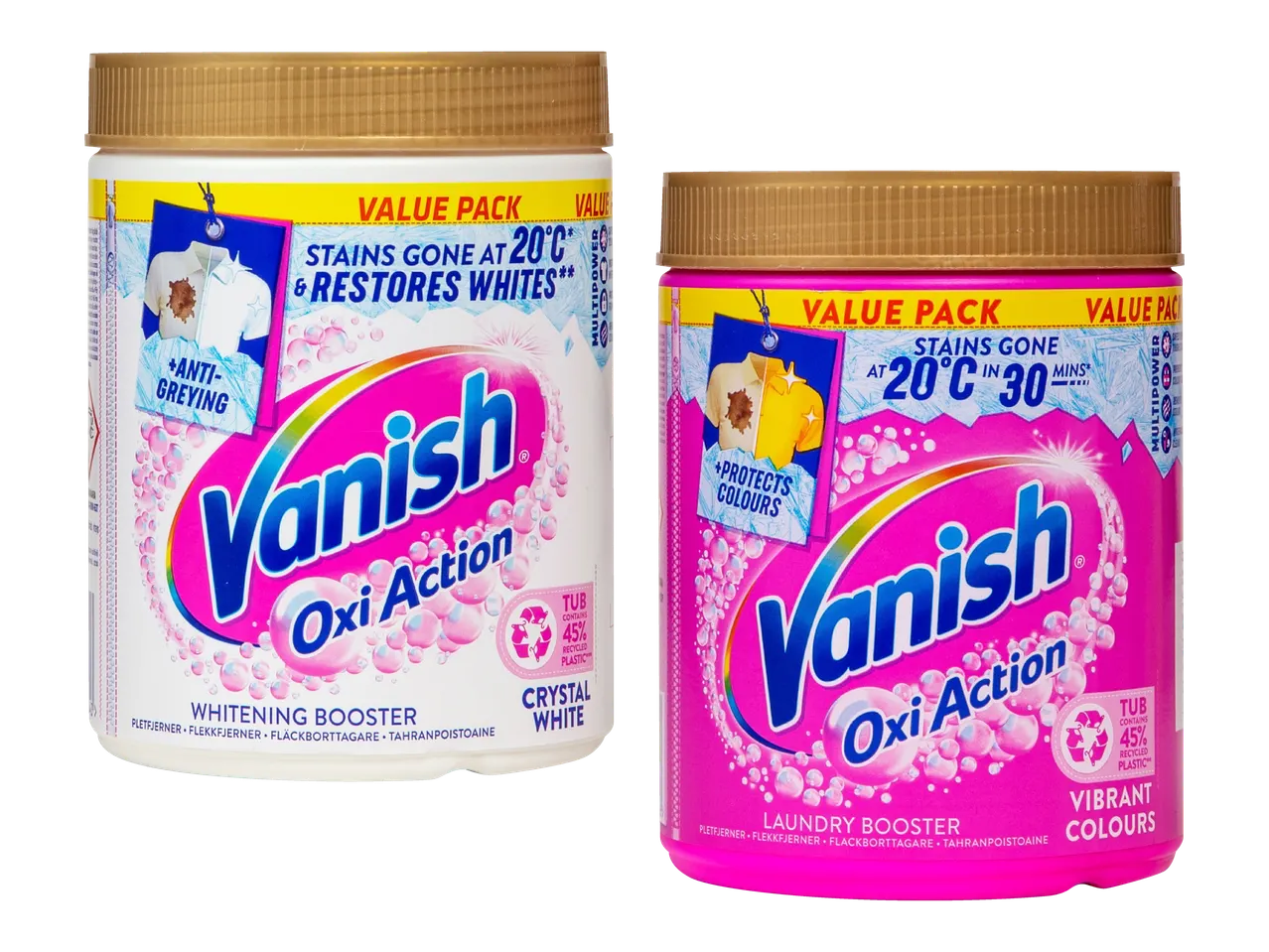 Vanish Oxi Action pesuaineet: valkaiseva ja värikäs pesunvahvistin.