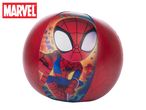 Red beach ball with a cartoon Spider-Man graphic and web patterns.