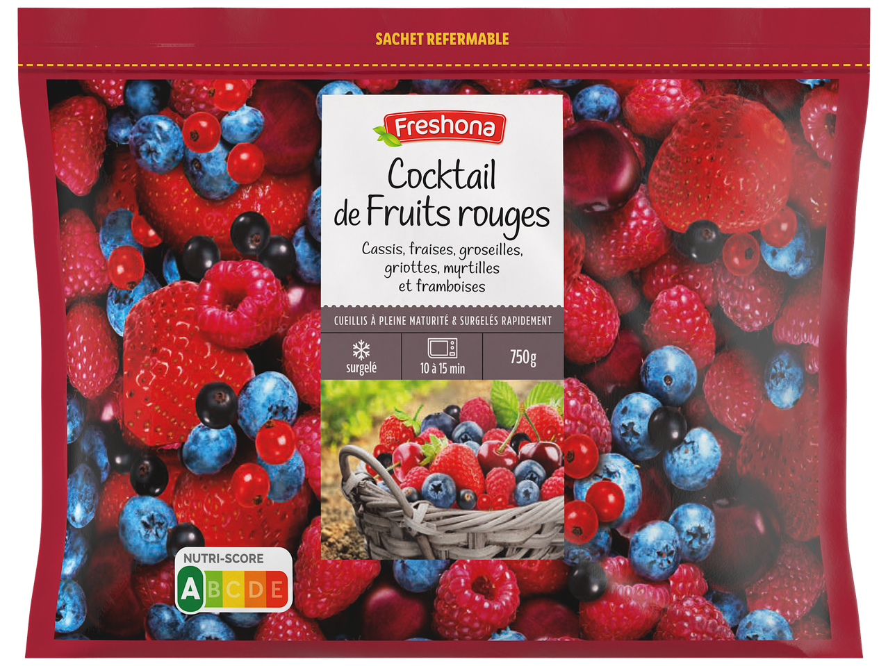Sachet refermable de cocktail de fruits rouges surgelés, avec Nutri-Score A.
