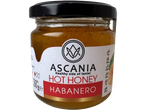 Ascania Habanero aštrus medus, 250g, su picos, mėsainių, vištienos, sūrio ir desertų piktogramomis.