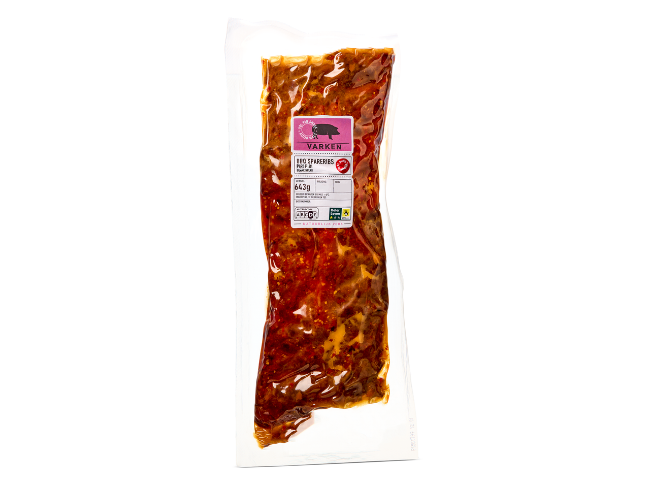 Verpakte gemarineerde BBQ spareribs met een gewicht van 643g.