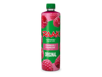 Fles frambozensiroop met groene dop en label, met frambozen afgebeeld.