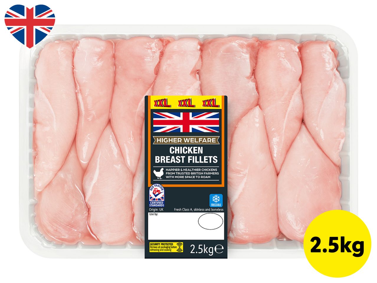 A 2.5kg pack of fresh, skinless and boneless British chicken breast fillets.