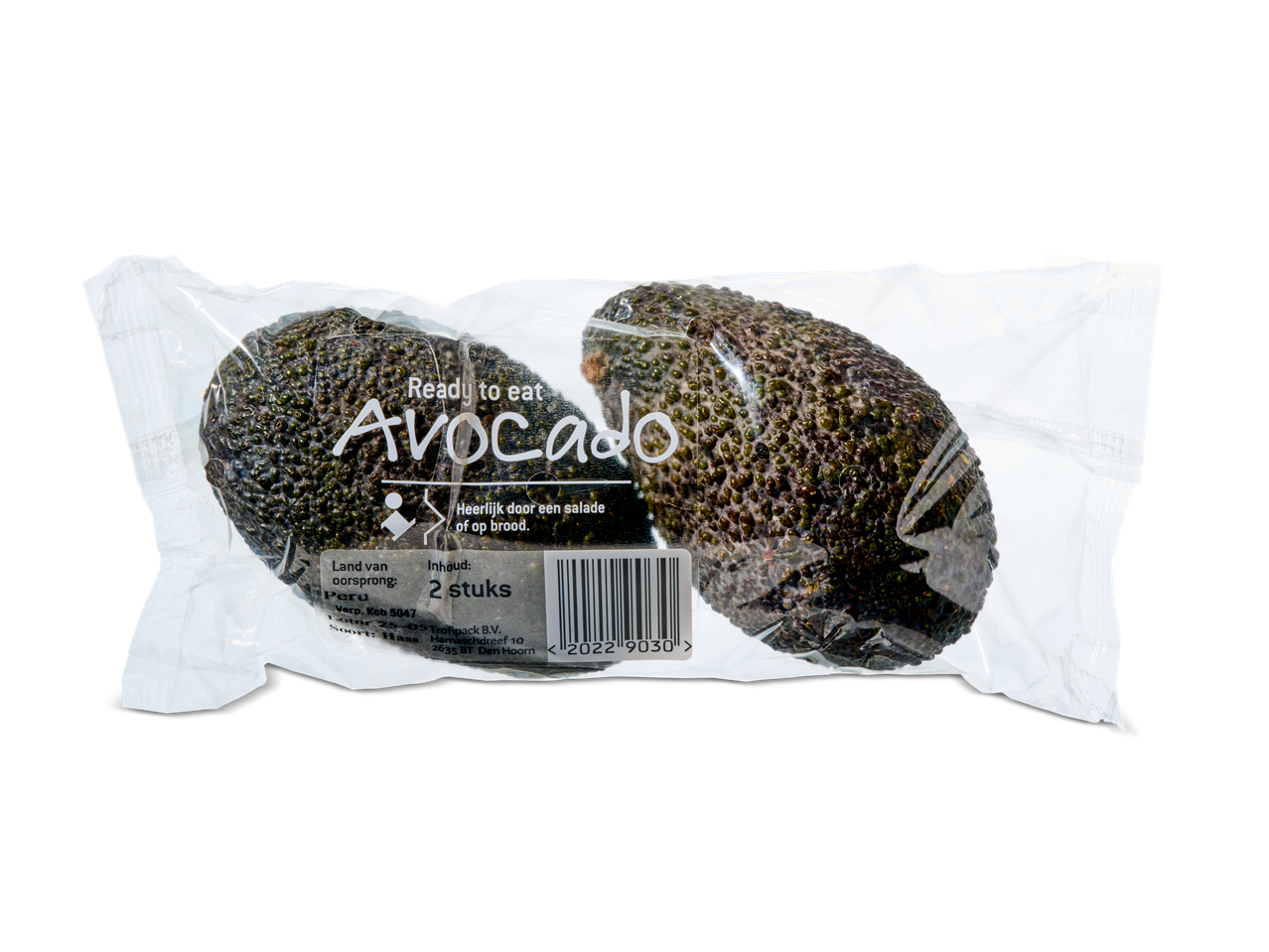 Twee klaar-om-te-eten Hass avocado's in verpakking.