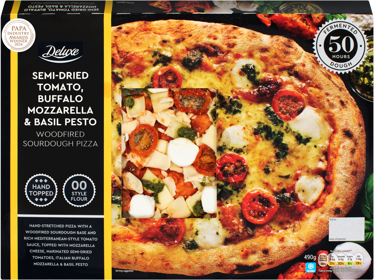Deluxe semi-dried tomato, buffalo mozzarella & basil pesto woodfired sourdough pizza.