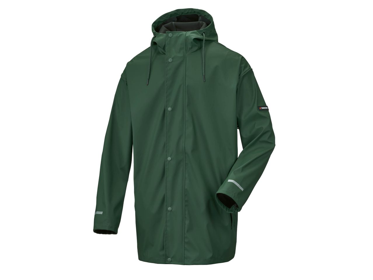 Dark green rain jacket with a hood and reflective stripes.