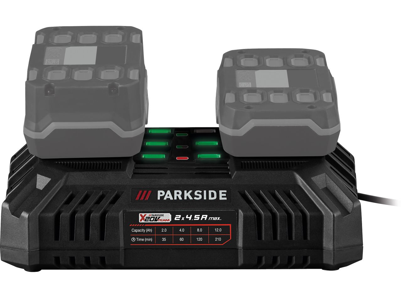 Зарядно устройство Parkside X 20V Team с две батерии и таблица за времето на зареждане.