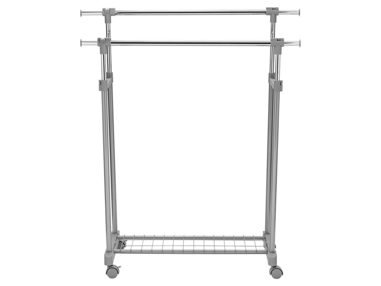LIVARNO Suport haine: Dubults, regulējams drēbju statīvs ar plauktu un riteņiem.