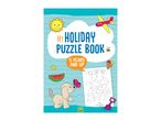 Children's holiday puzzle book with a sun, plane, dog, watermelon, and maze.