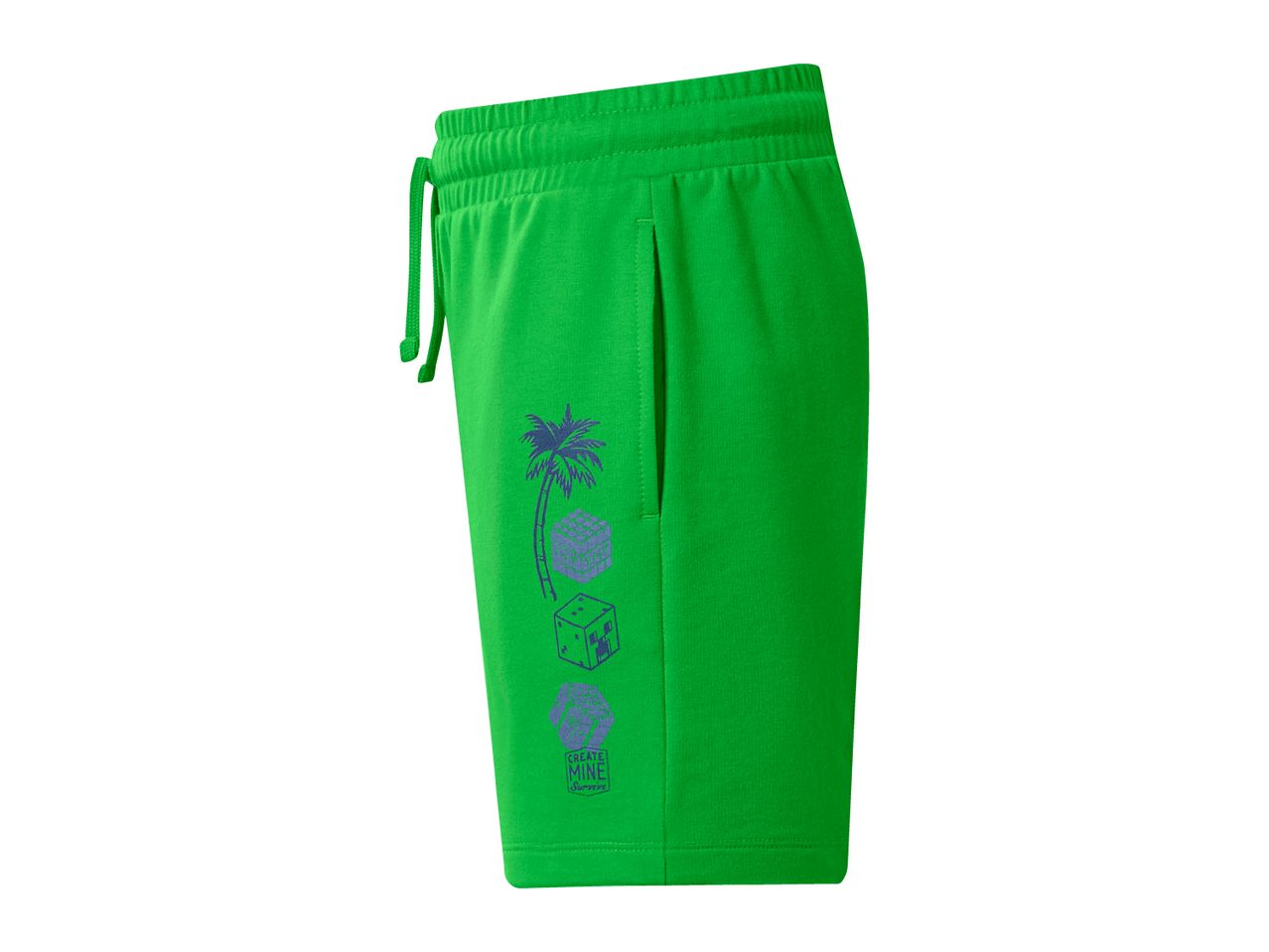 Green shorts with a palm tree, pixelated cubes, and 'CREATE MINE Survive' graphic.