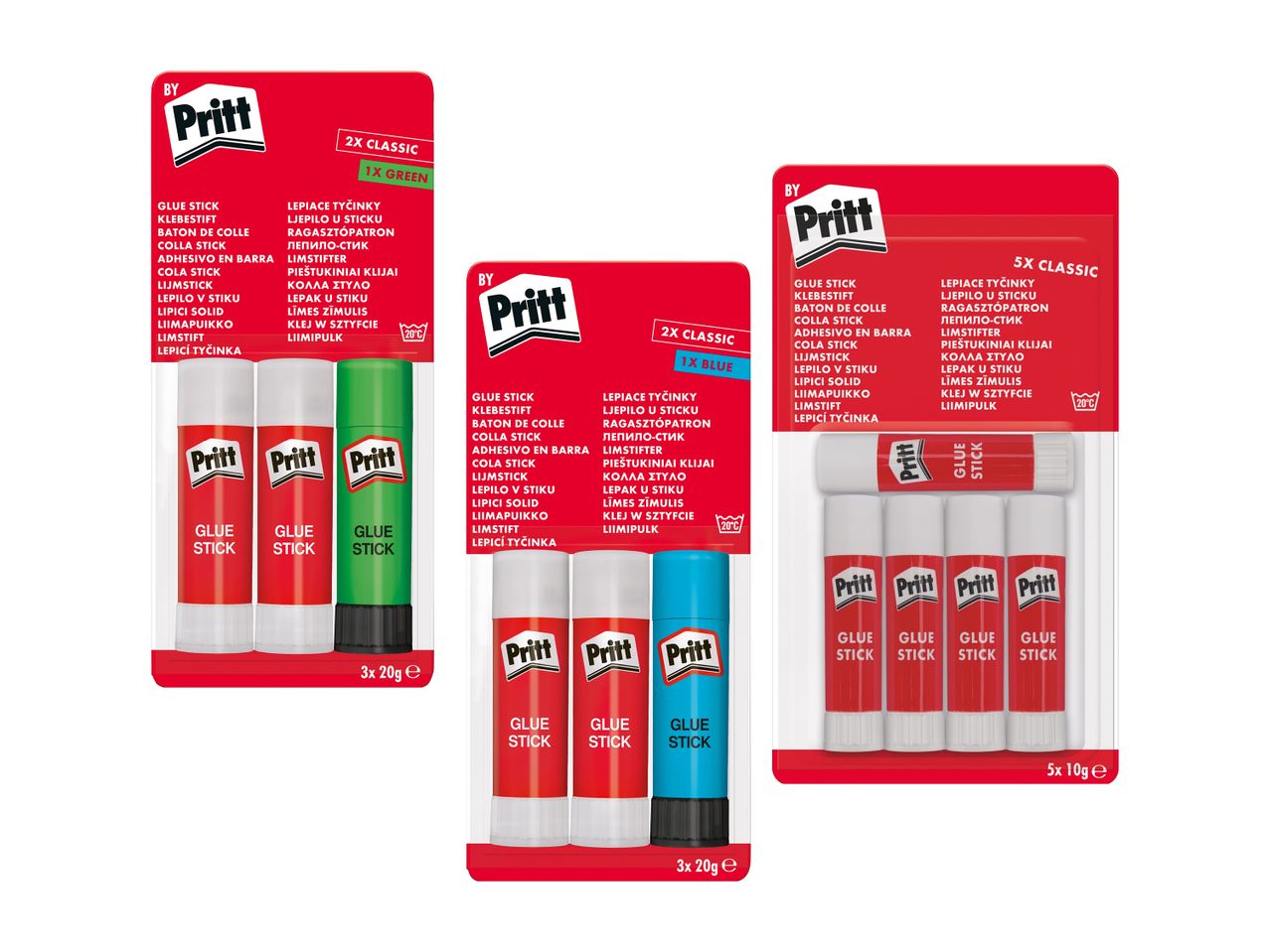 Pritt Klebestift-Sets in verschiedenen Farben und Größen.