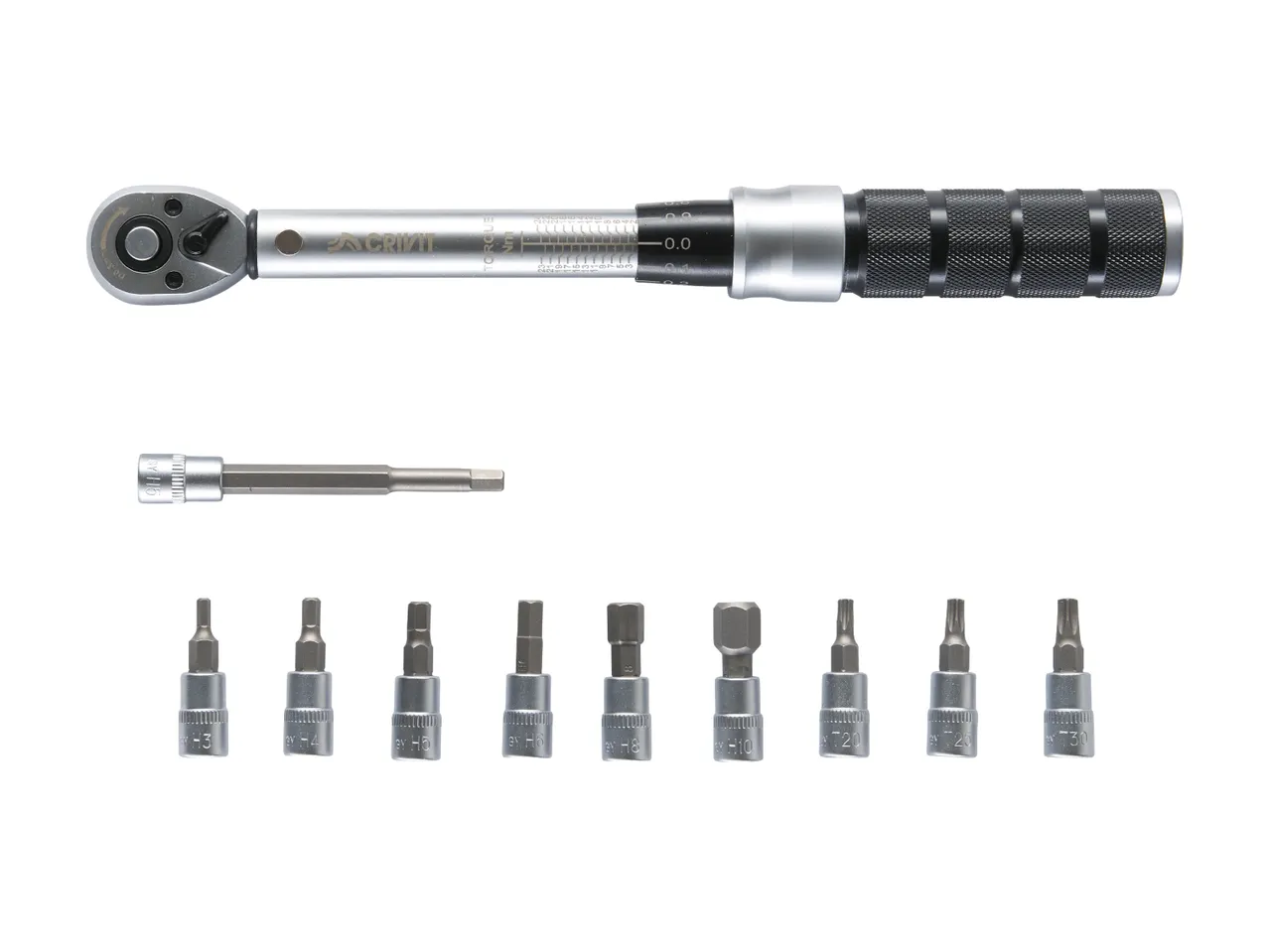 Torque wrench with various hex and Torx bits, and an extension bar.