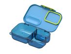Open blue lunchbox with multiple compartments and a lime green seal