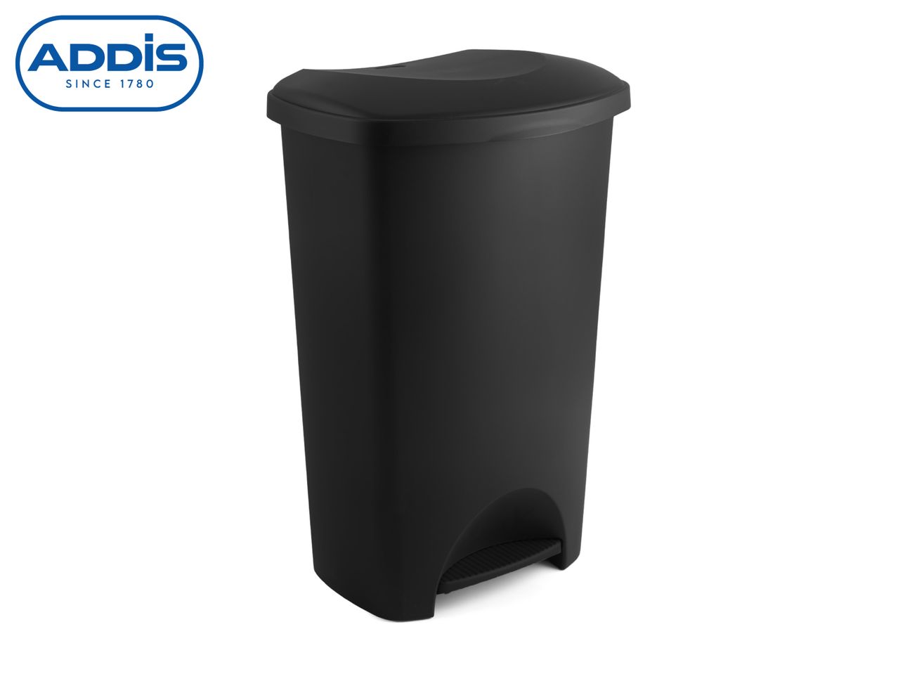 Black pedal bin with a curved lid, featuring a foot pedal at the base.