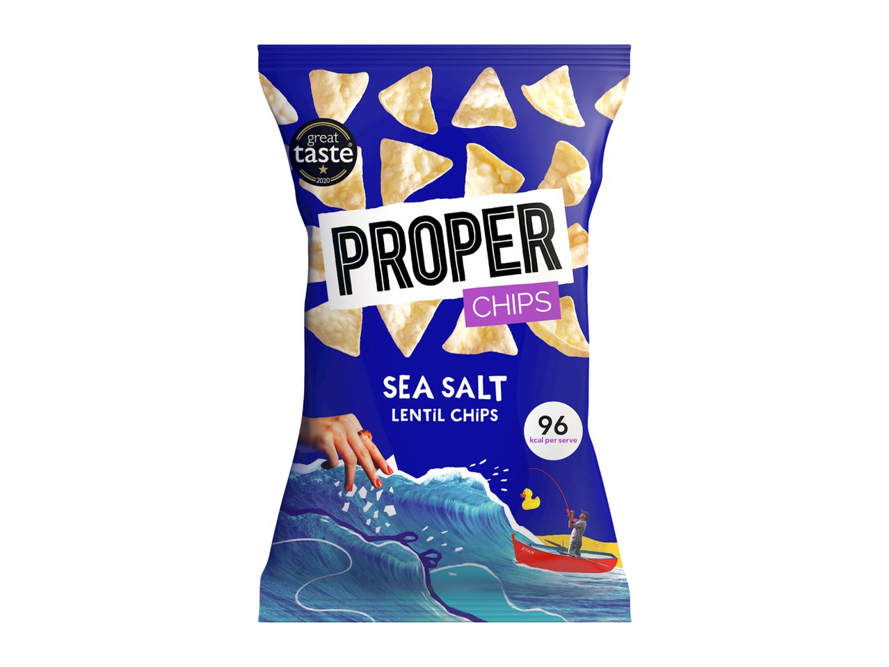 A blue bag of sea salt lentil chips featuring a wave illustration and 96 kcal per serve.