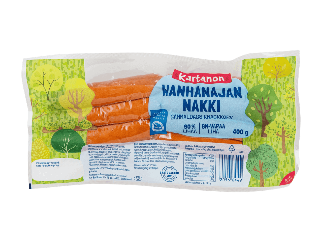 Pakkaus perinteisiä nakkeja, joissa on 90 % lihaa.