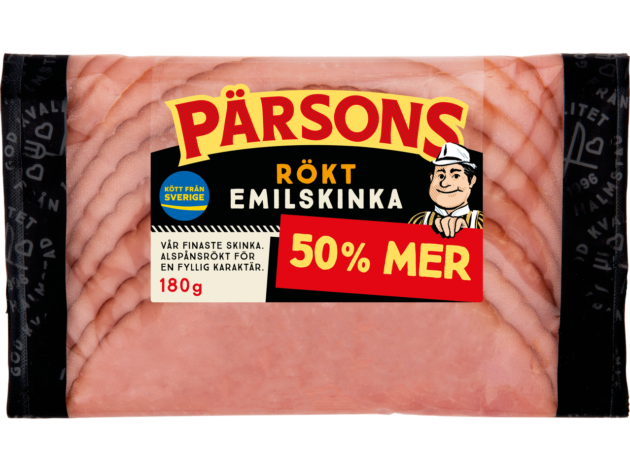 Pärsons Rökt Emilskinka, skivad, 50% mer.