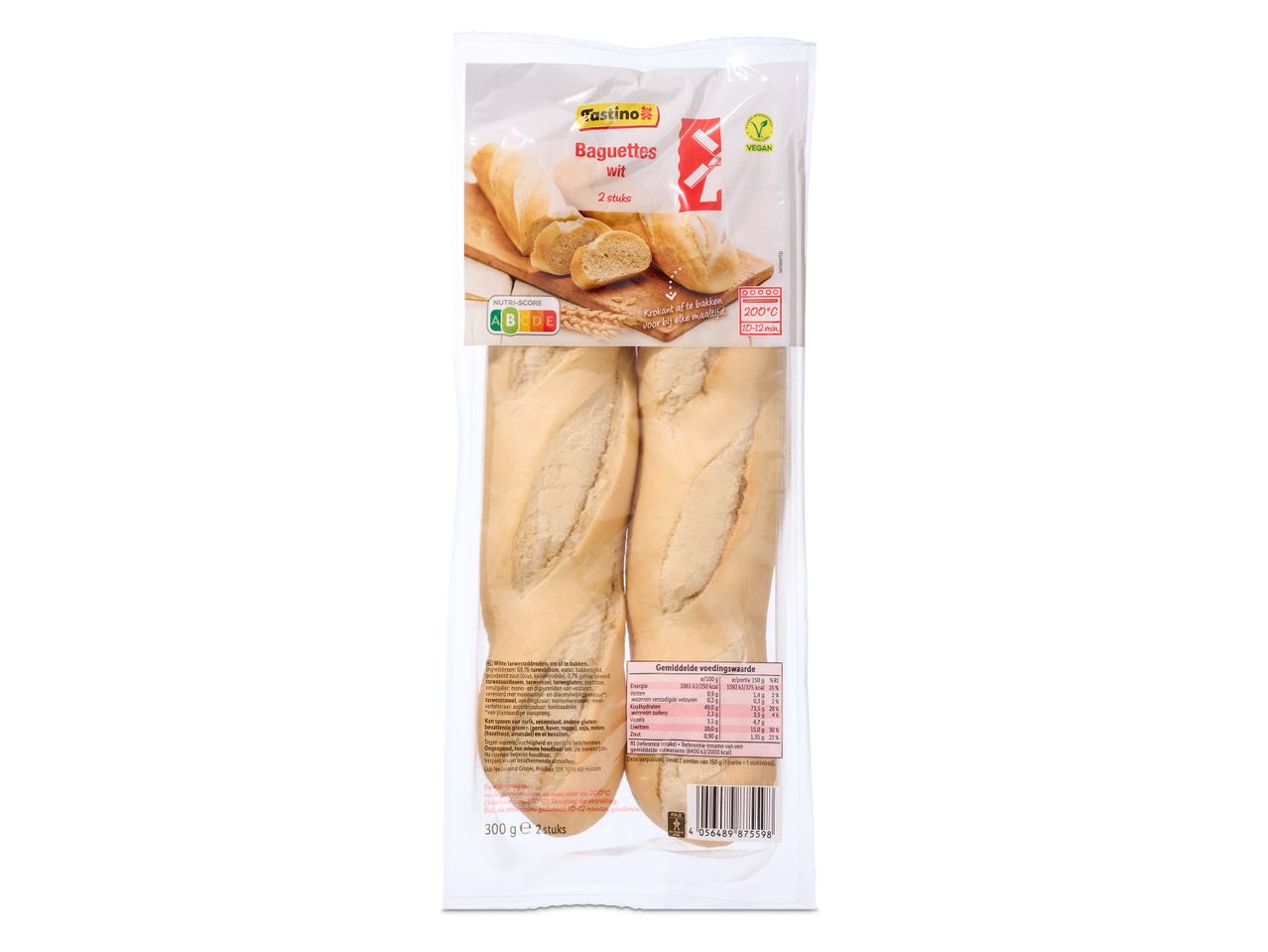 Twee Fastino vegan witte baguettes, klaar om te bakken.