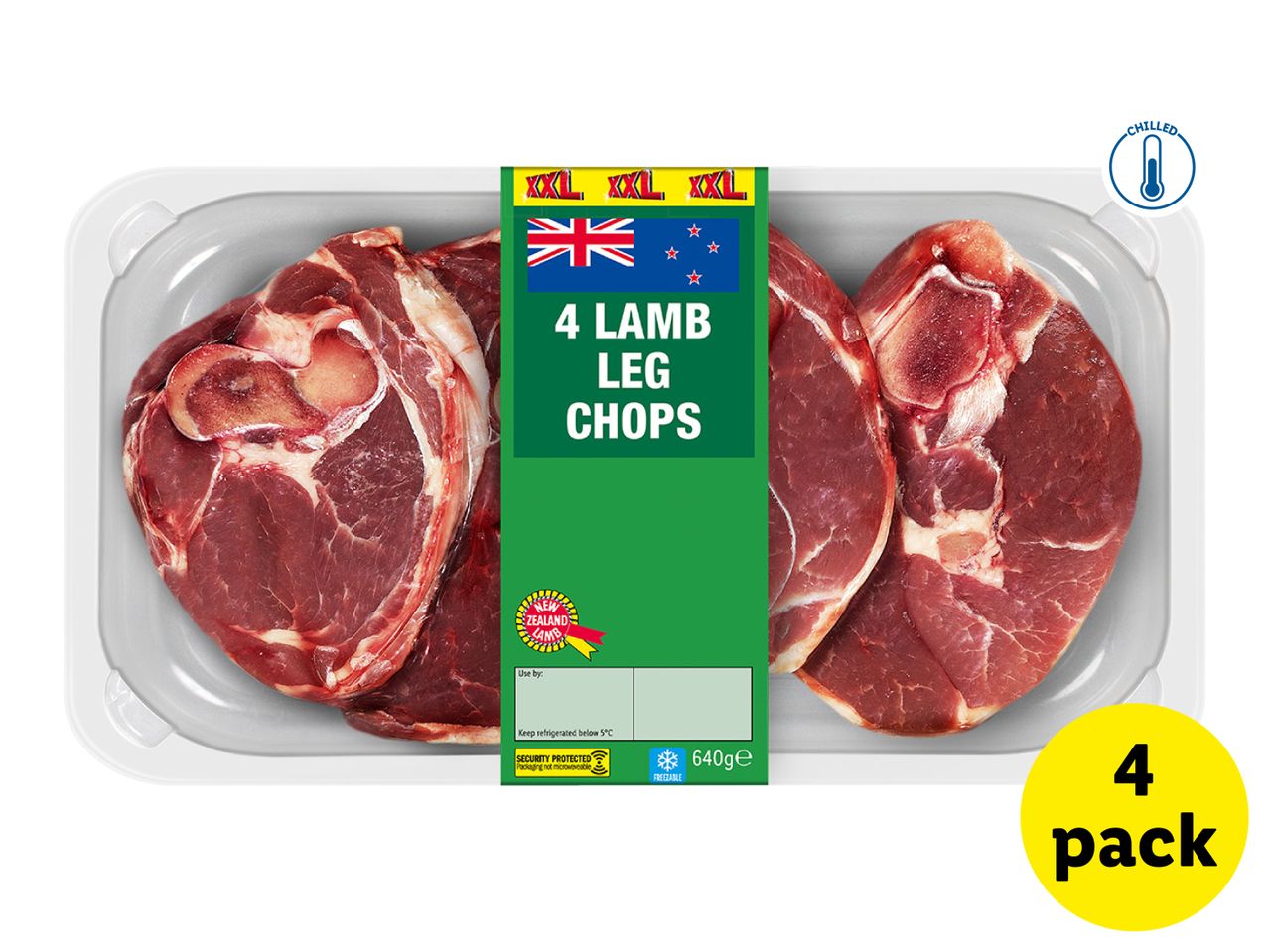 Chilled 4-pack of New Zealand lamb leg chops, 640g.