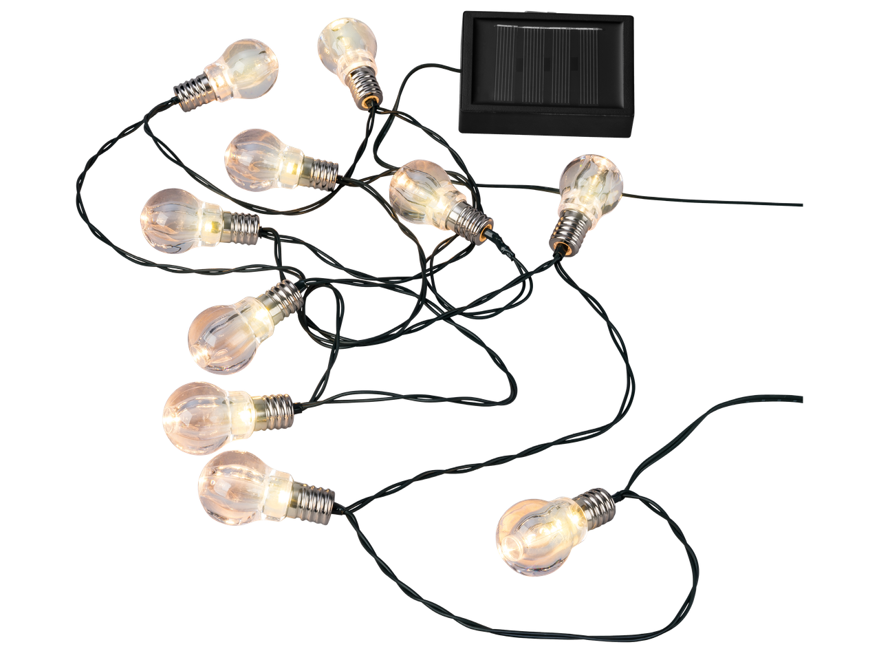 Соларни лампички с 10 LED крушки, светещи в топло бяло.