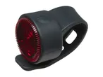 Dark grey bicycle rear light with a red lens and a power button
