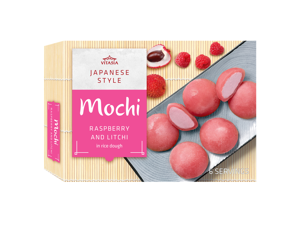 Vitaasia Japanse stijl Mochi met framboos en lychee.