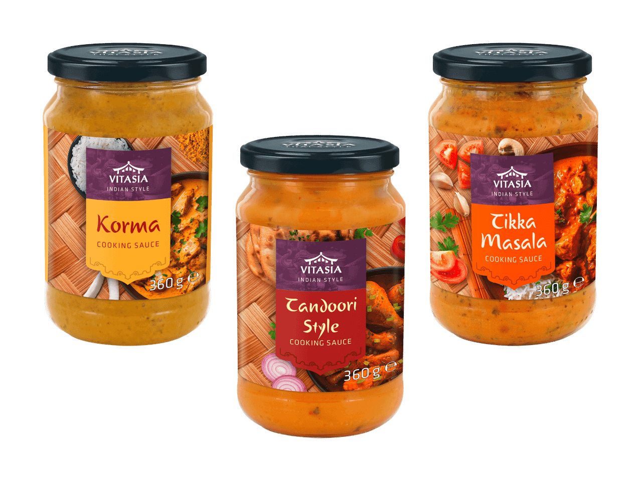 Drei Gläser indische Kochsaucen: Korma, Tandoori Style und Tikka Masala, je 360g.