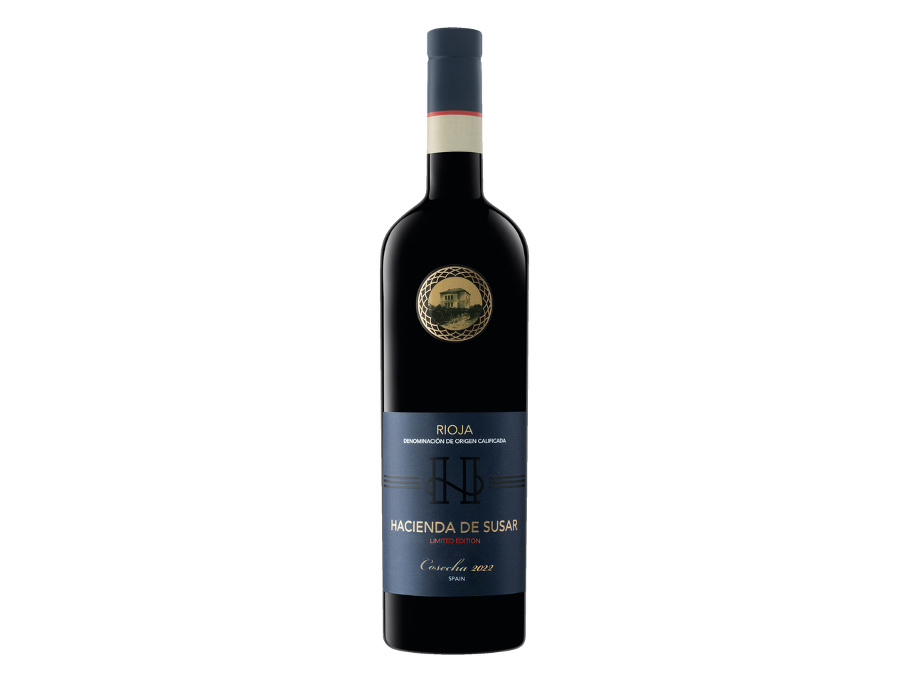 A bottle of Hacienda de Susar Rioja wine, Cosecha 2022, on a black background.