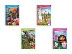 Fire børnebogsæsker med temaer som dinosaurer, heste, eventyr og Dora the Explorer.