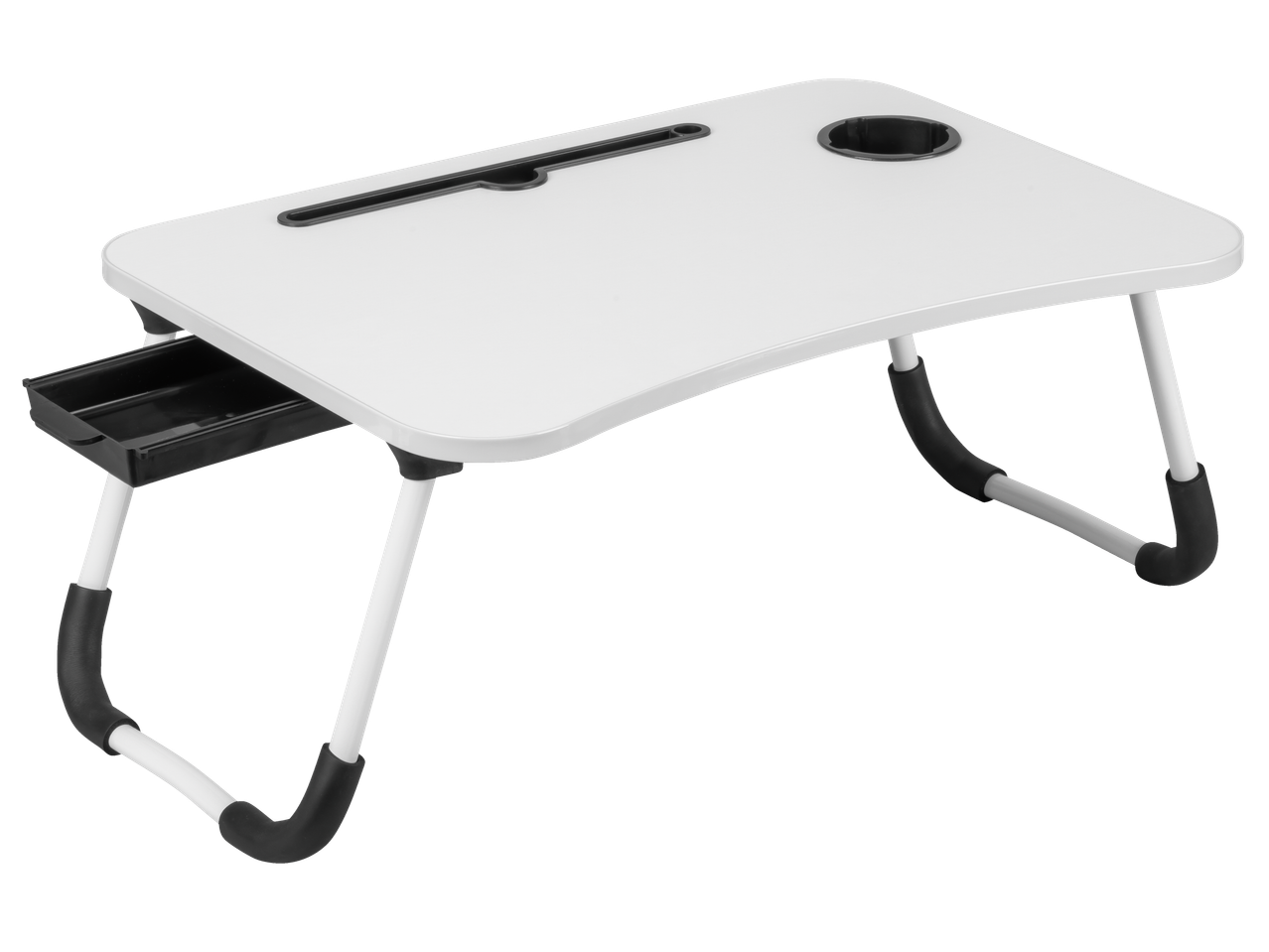 Hopfällbart laptopbord med mugghållare och låda.