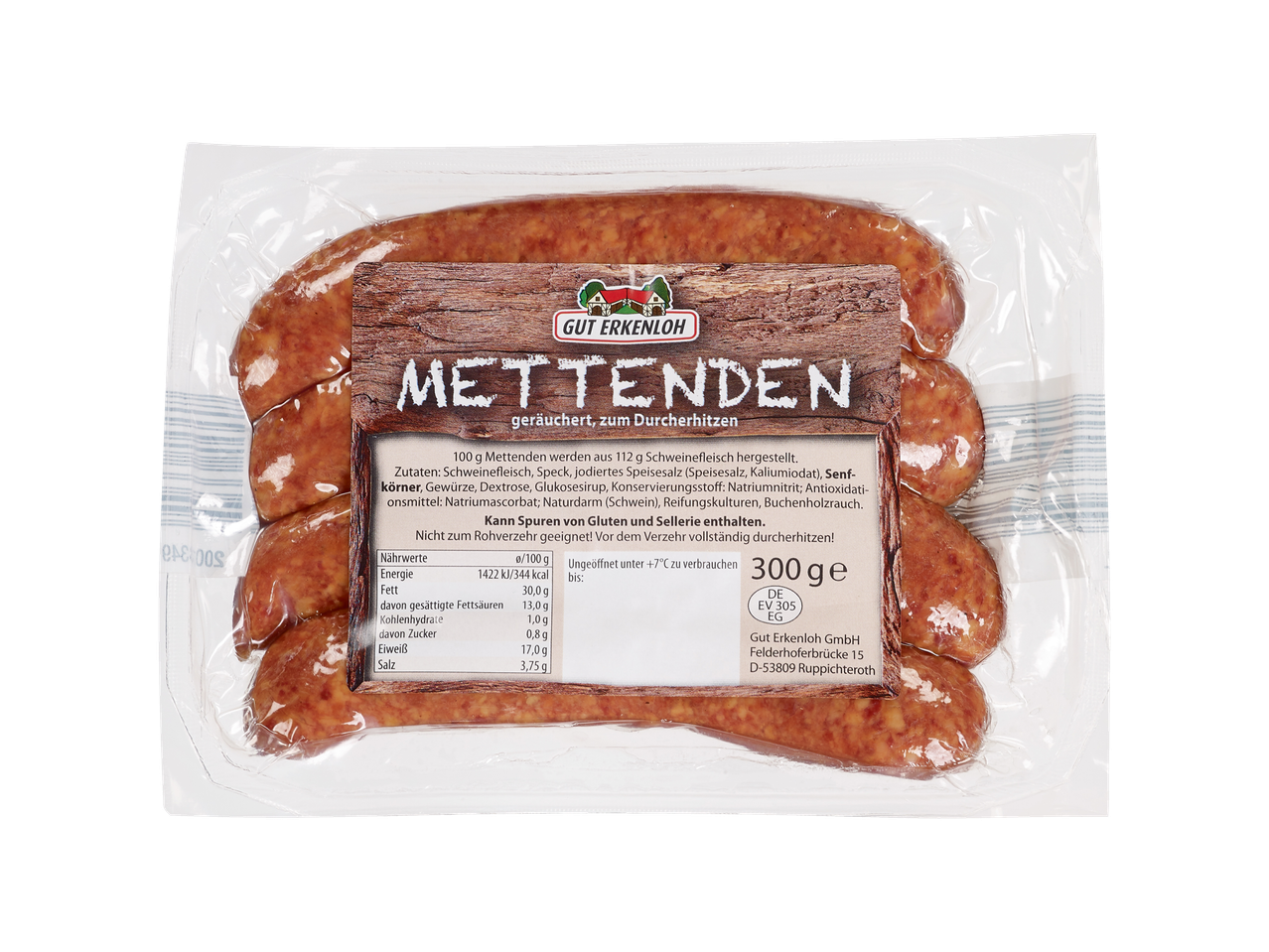 Paquet de Mettenden (saucisses fumées) Gut Erkenloh avec informations nutritionnelles.