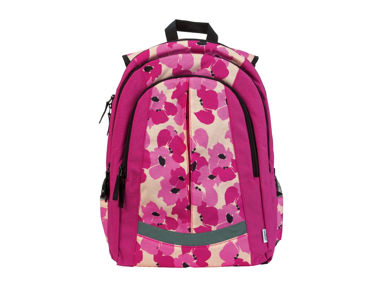 Pink floral backpack with black zippers and a reflective strip