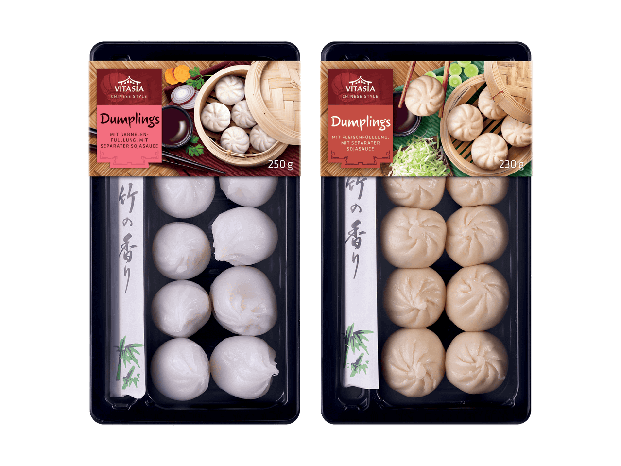 Vitasia Dumplings mit Garnelen- und Fleischfüllung, jeweils mit Sojasauce.