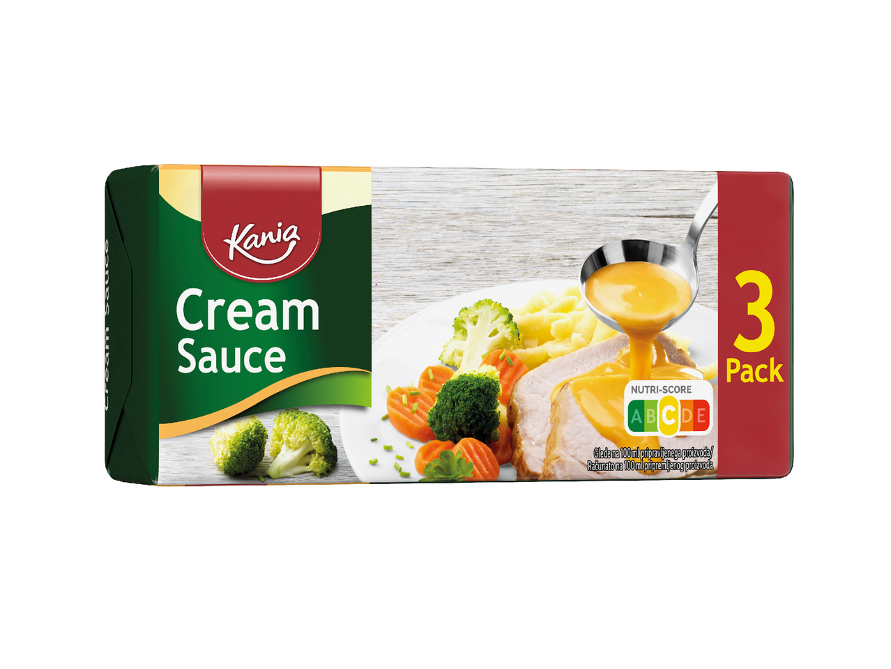 Kania umak za kuhanje, pakiranje od 3 komada, s Nutri-Score oznakom.