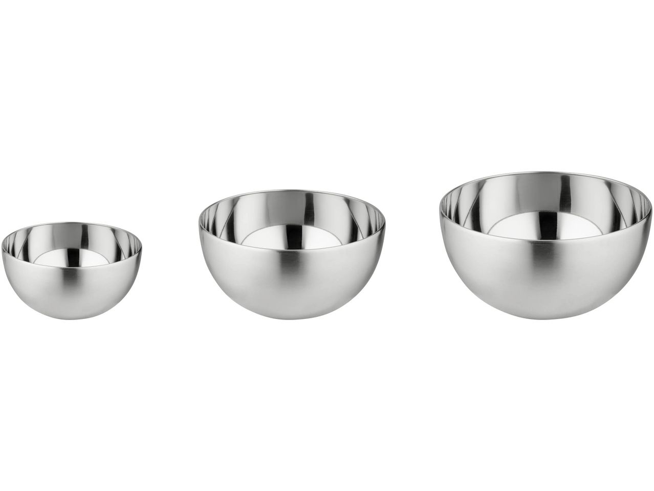 Three stainless steel mixing bowls of varying sizes, arranged from smallest to largest.