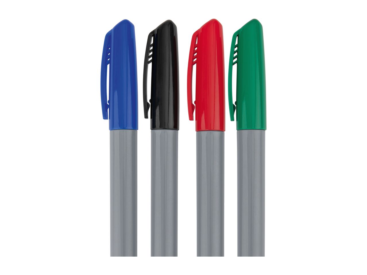 Four colorful markers with caps: blue, black, red, and green, standing upright.